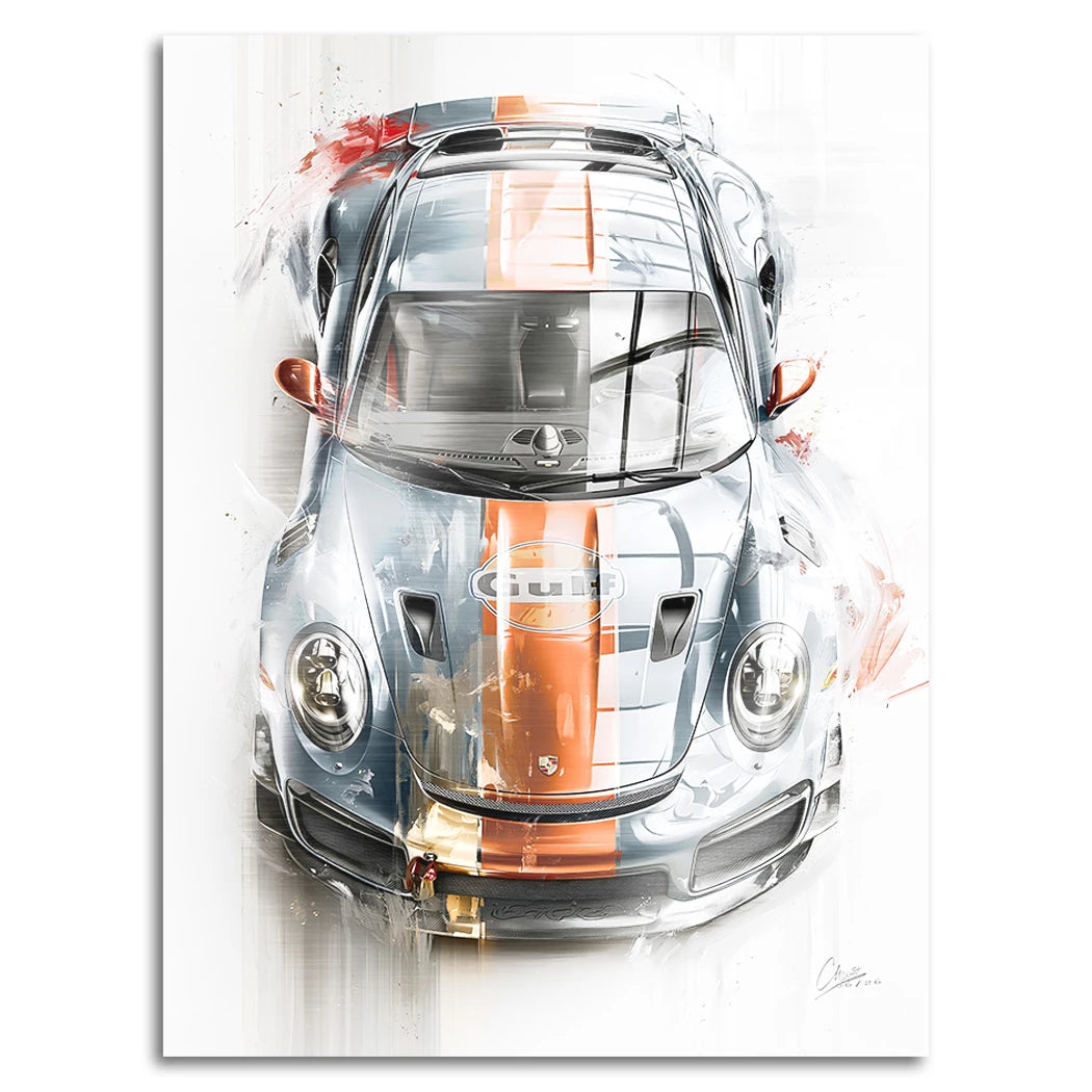 Gulf Porsche 911 Aluminiumbild gebürstet