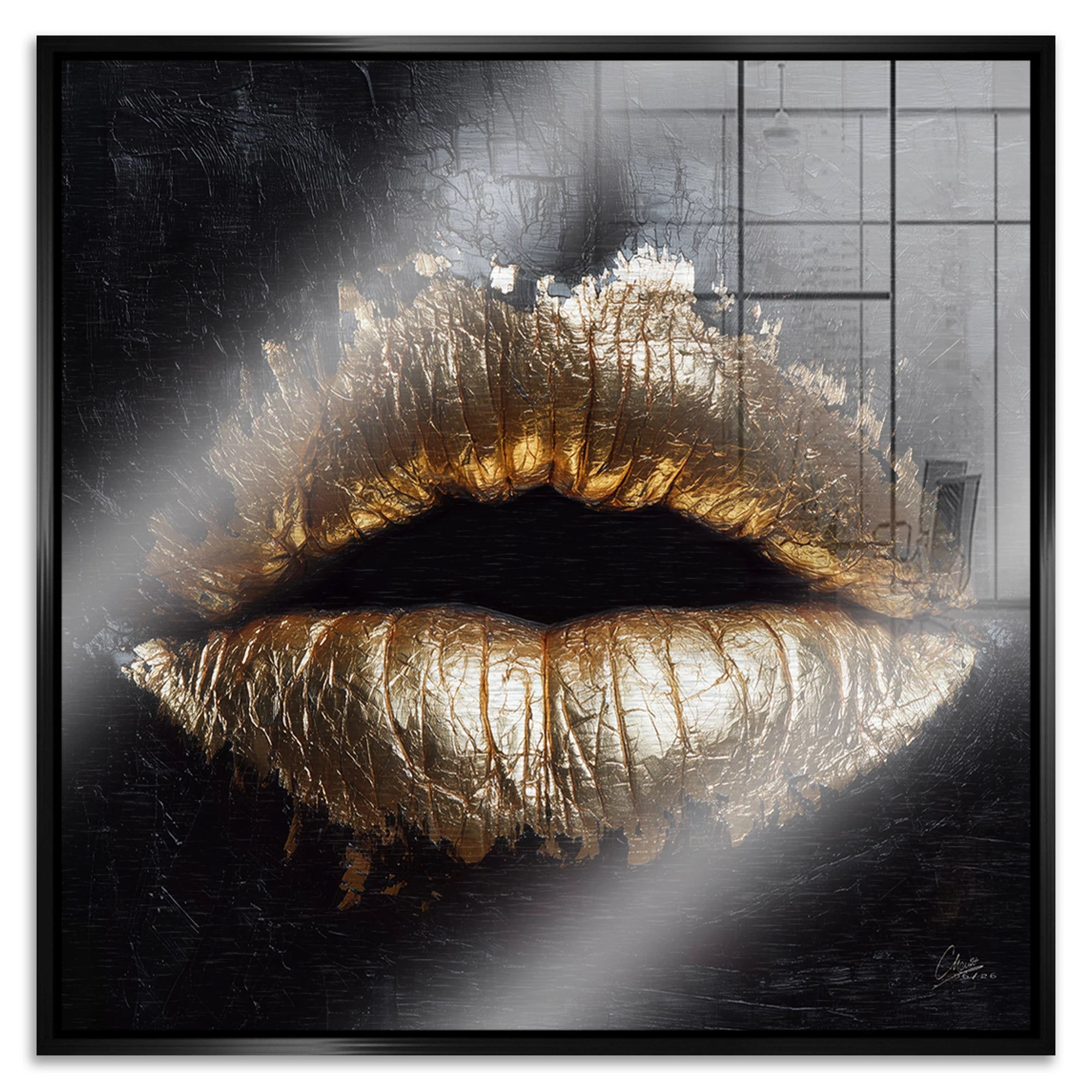 Goldene Lippen Aluminiumbild gebürstet