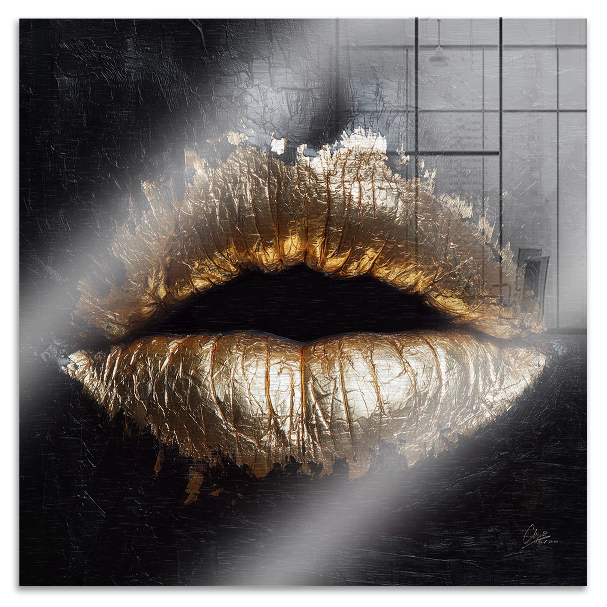 Goldene Lippen Aluminiumbild gebürstet