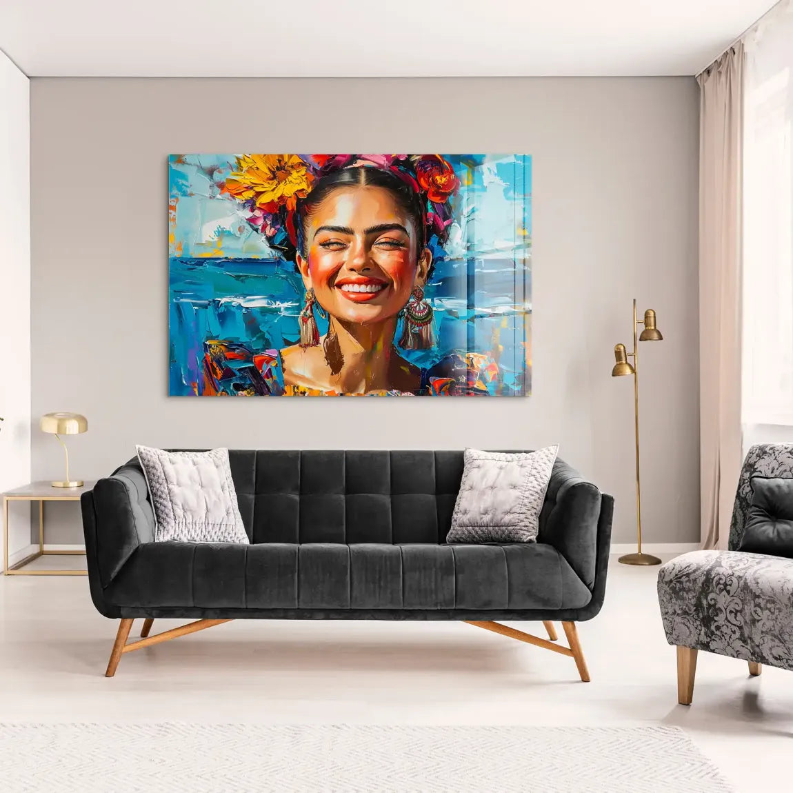 Frida lacht in Farbenpracht Acrylglas Bild INGALERIE