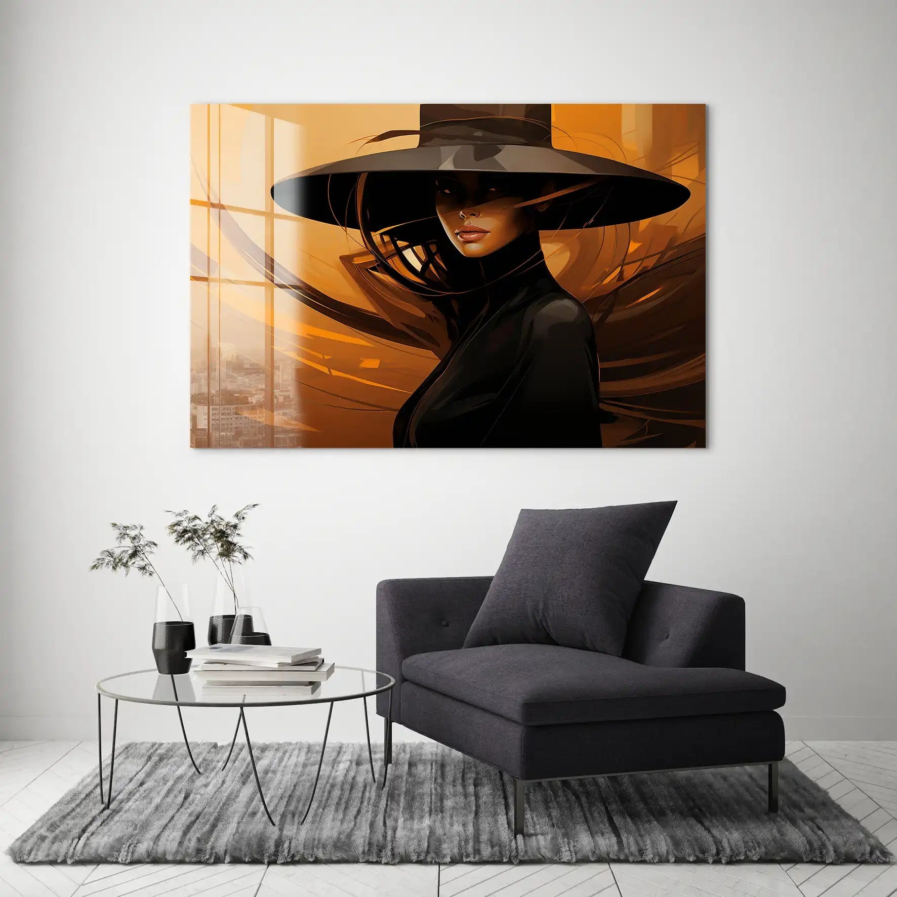 Frau modern mit Hut Acrylglas Bild INGALERIE
