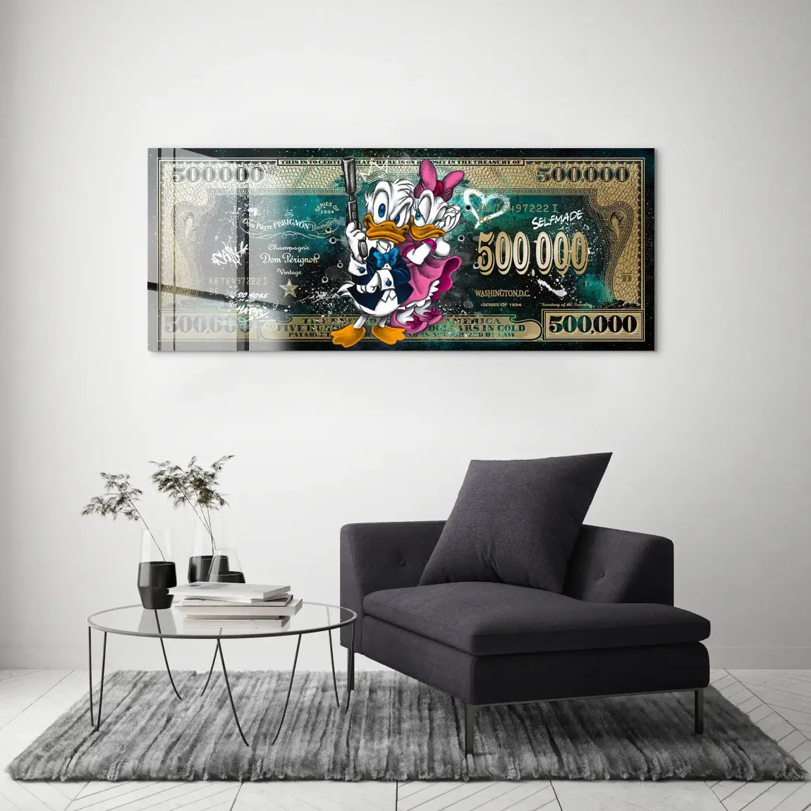 Donald & Daisy Duck Green Gold Pop Art Dollar Acrylglas Bild INGALERIE