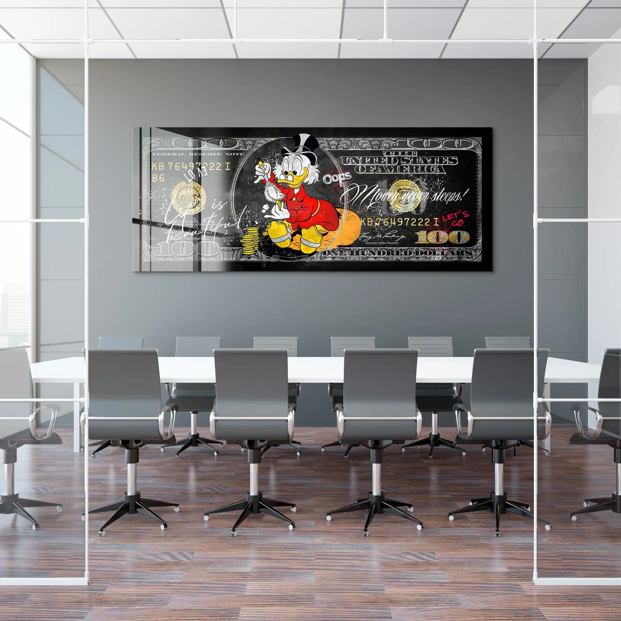 Dagobert Money Never Sleeps Dollar Dark Acrylglas Bild INGALERIE