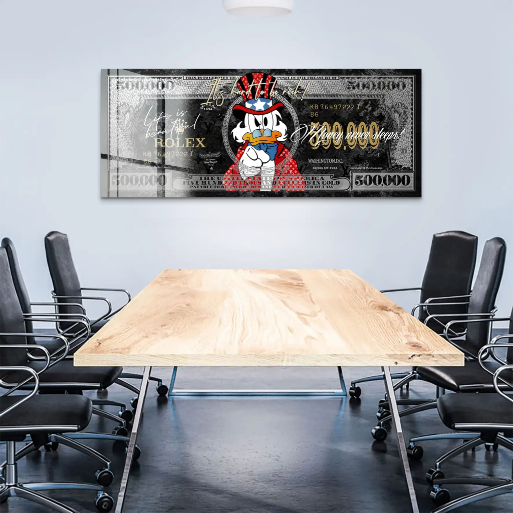 Dagobert Money Never Sleeps Dollar Black Acrylglas Bild INGALERIE