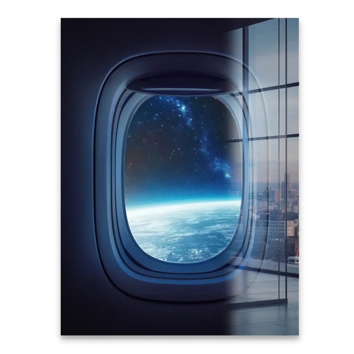 Flugzeugfenster Galaxie Acrylglasbild