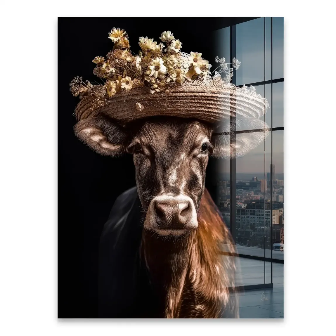 Kuh mit Strohhut Acrylglasbild