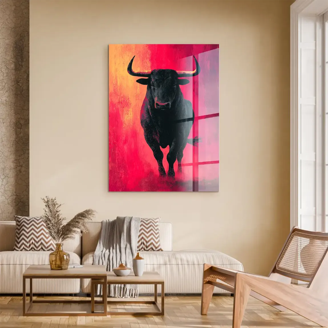Stier in Rot Acrylglasbild