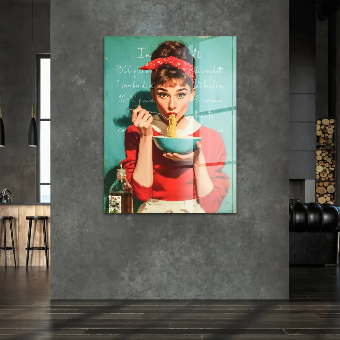 Audrey Hepburn Pasta Moments Acrylglasbild