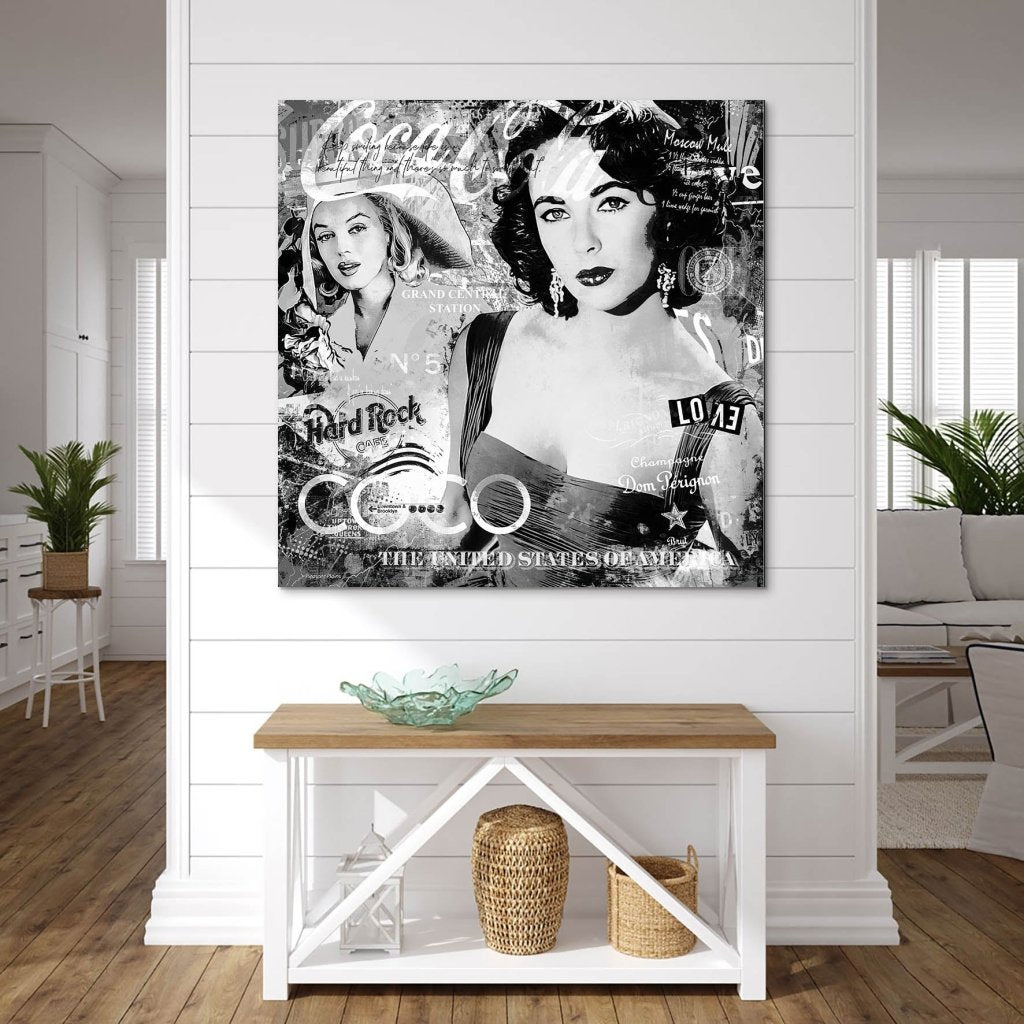Marilyn & Liz Black Pop Art Style AluDibond Bild INGALERIE
