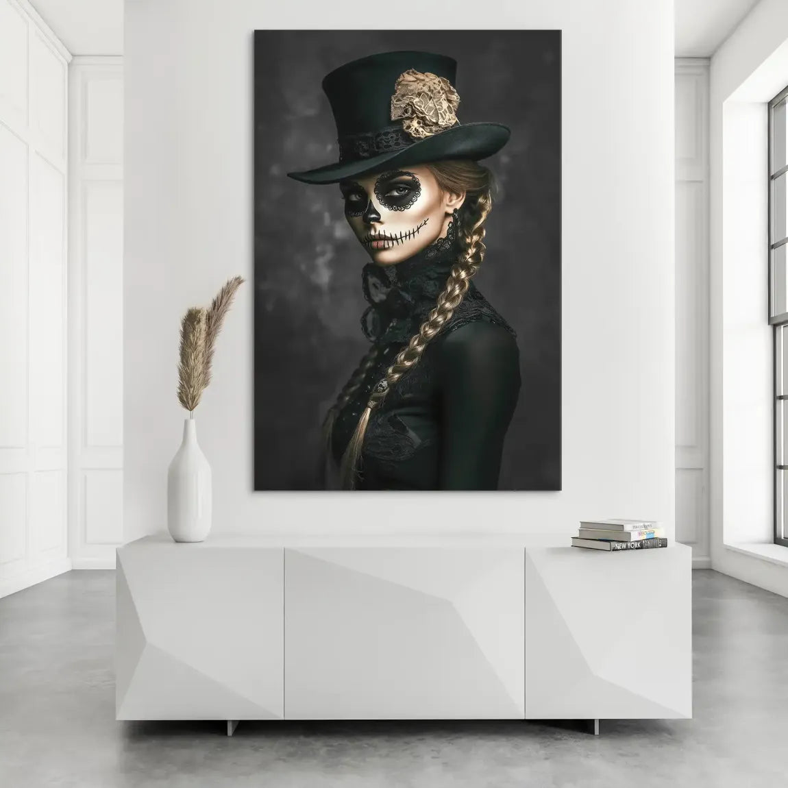 Geheimnisvolle Schönheit im Catrina Look Alu Dibond Bild INGALERIE
