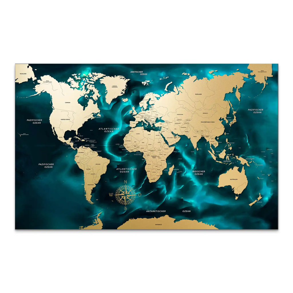 Weltkarte Ocean Türkis AluDibond Bild INGALERIE