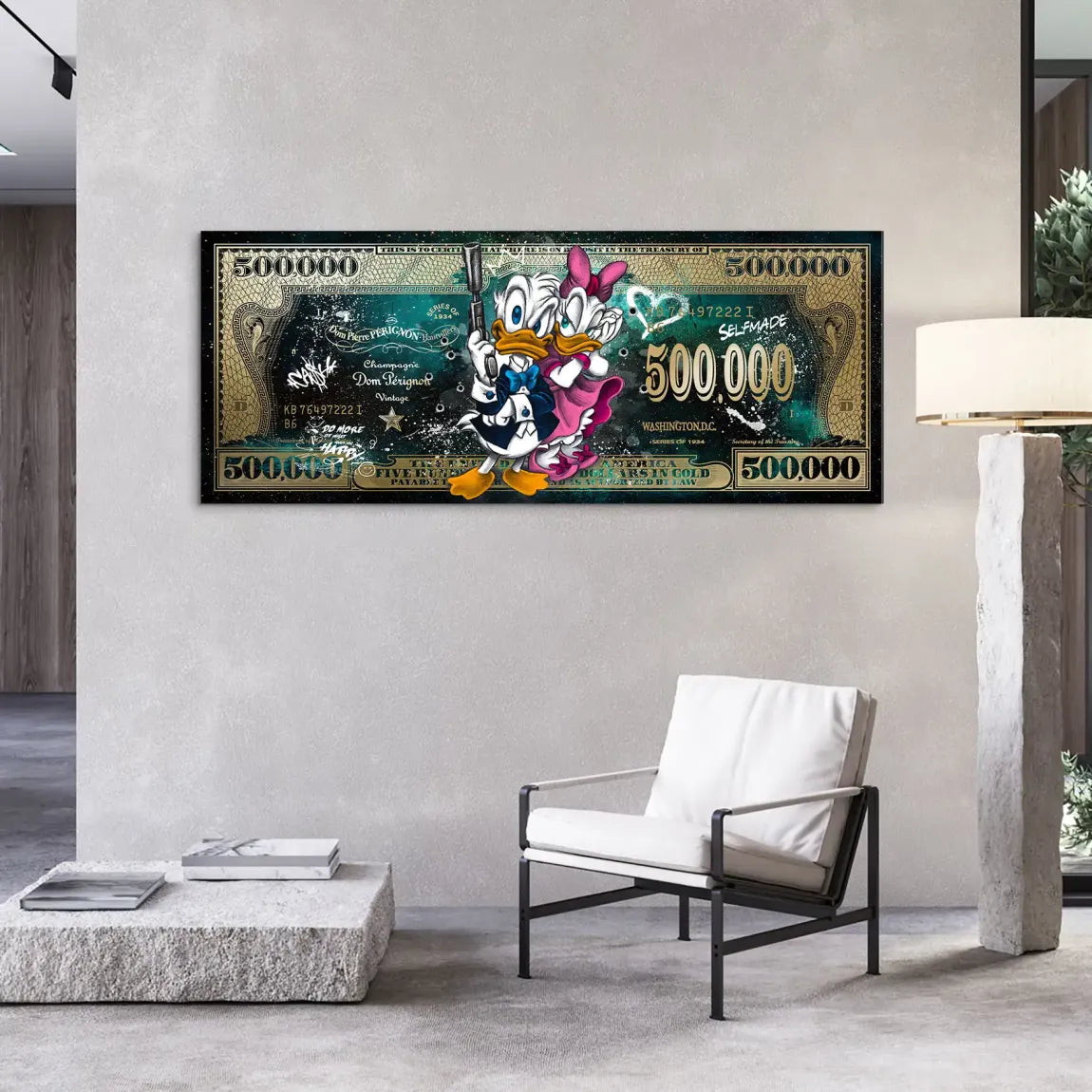 Donald & Daisy Duck Green Gold Pop Art Dollar AluDibond Bild INGALERIE