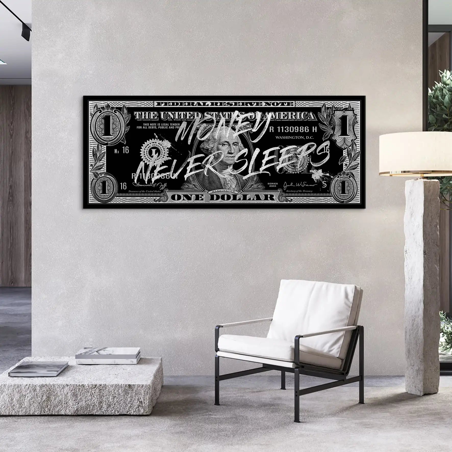 Monney Never Sleeps Dollar Silver AluDibond Bild INGALERIE