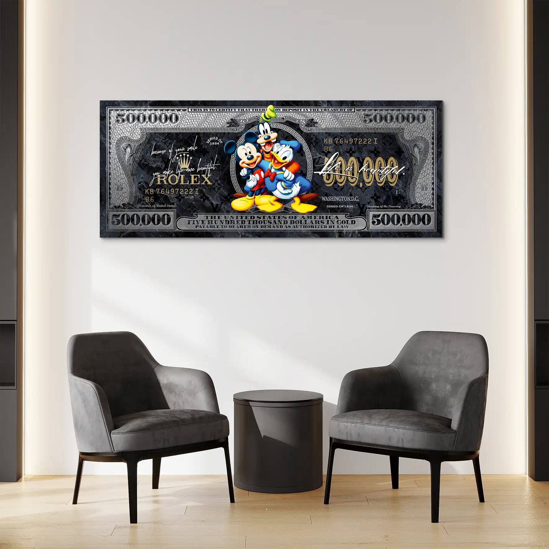 Micky Goofy Donald Dollar AluDibond Bild INGALERIE