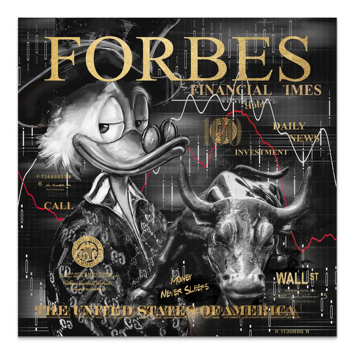 Dagobert Duck Wallstreet Black Gold Alu Dibond Bild