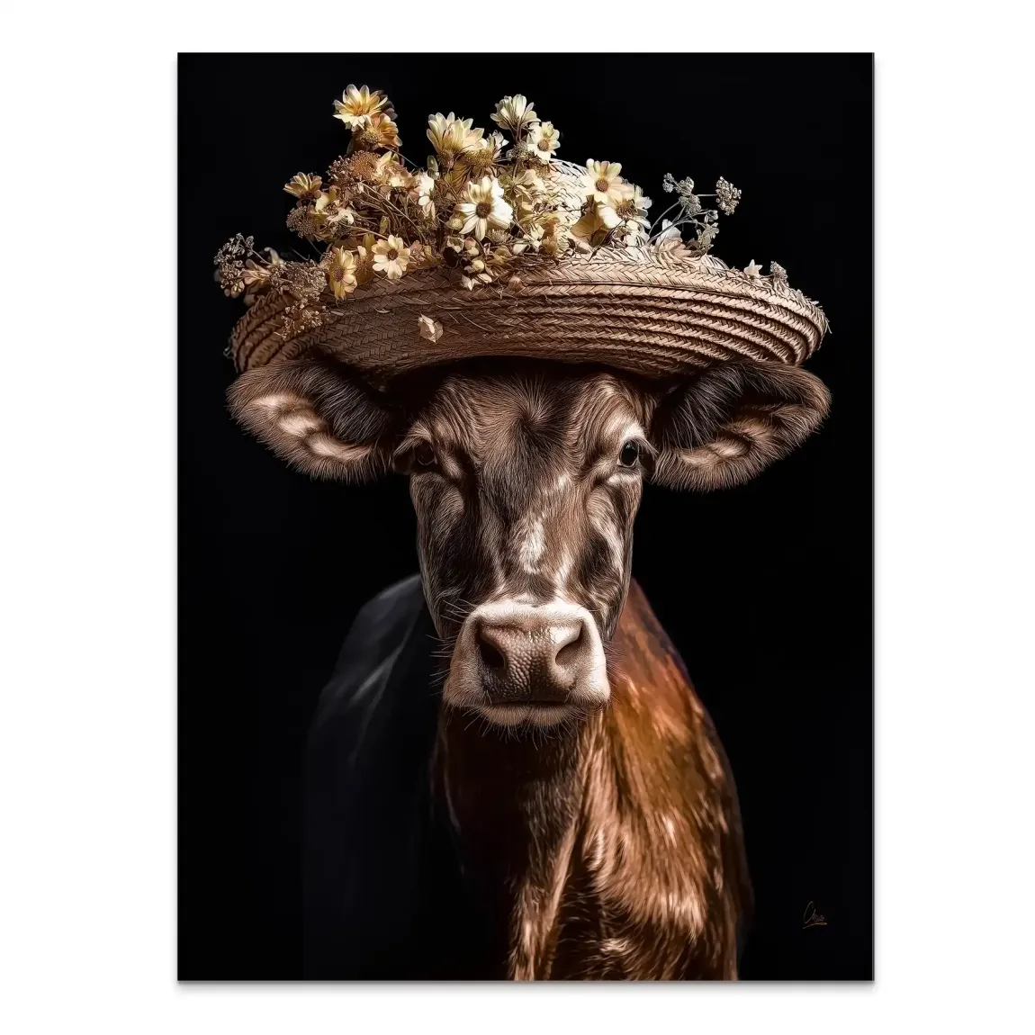 Kuh mit Strohhut Alu Dibond Bild