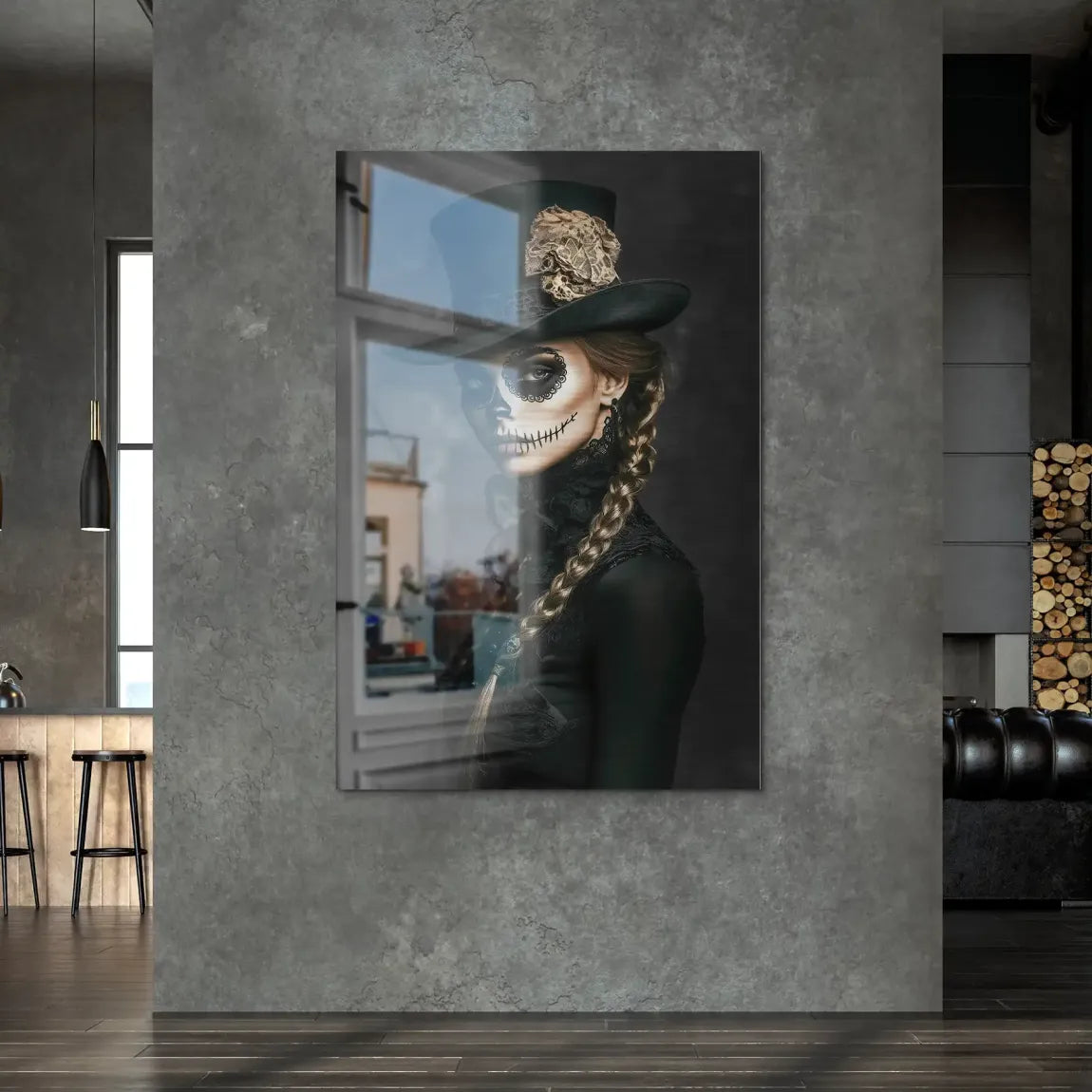Geheimnisvolle Schönheit im Catrina Look Alu Dibond Bild gebürstet INGALERIE