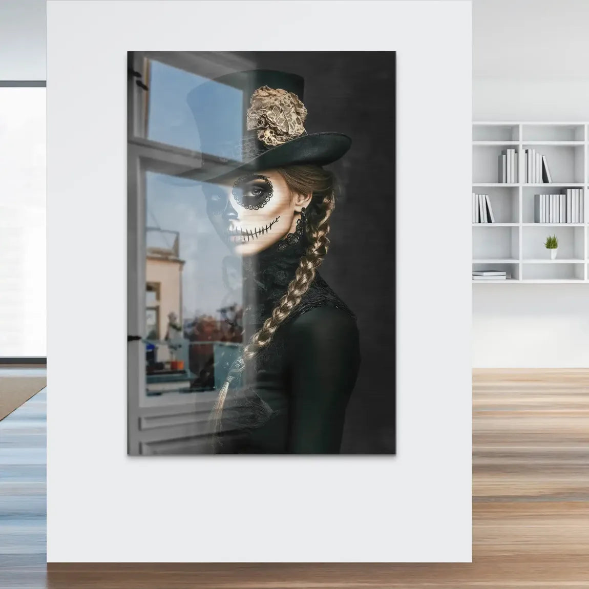 Geheimnisvolle Schönheit im Catrina Look Alu Dibond Bild gebürstet INGALERIE