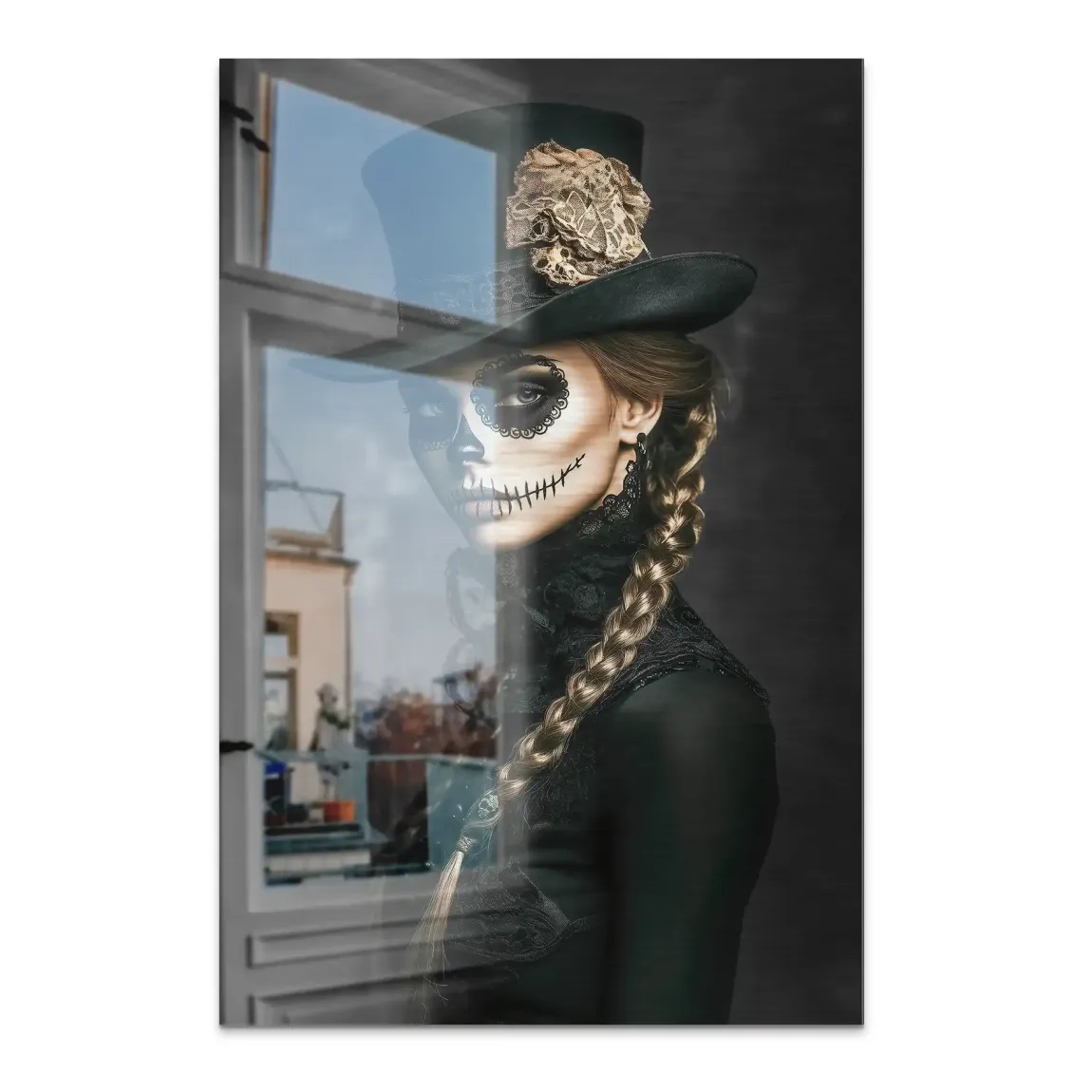 Geheimnisvolle Schönheit im Catrina Look Alu Dibond Bild gebürstet INGALERIE