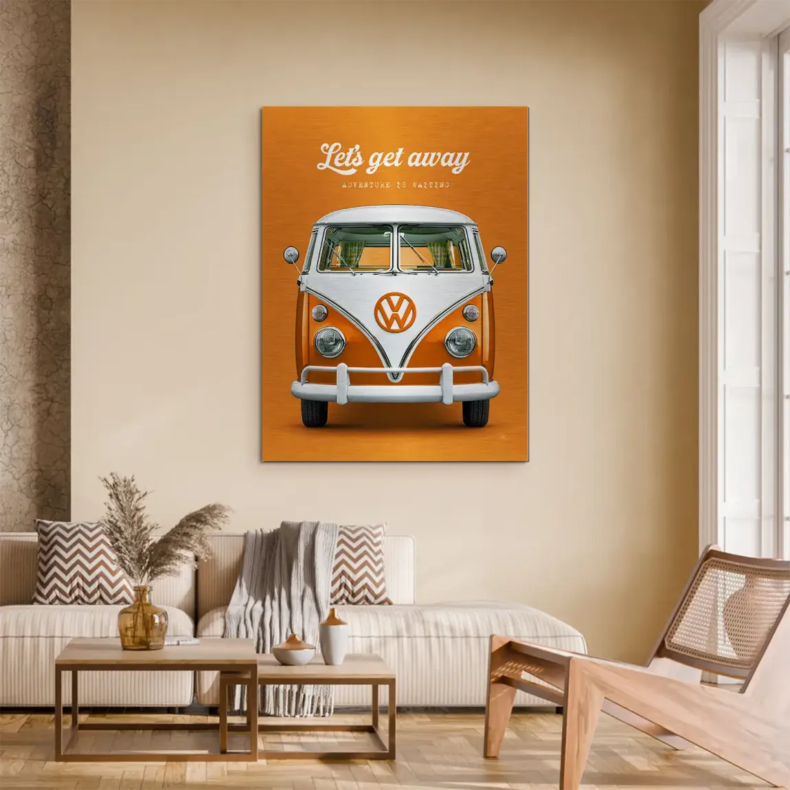 Orange VW Bulli Aluminiumbild gebürstet