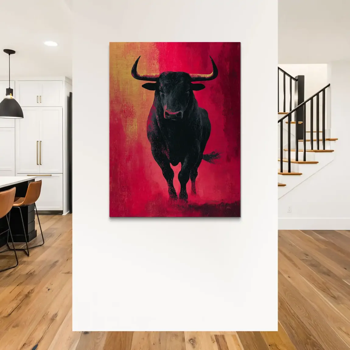 Stier in Rot Aluminiumbild gebürstet