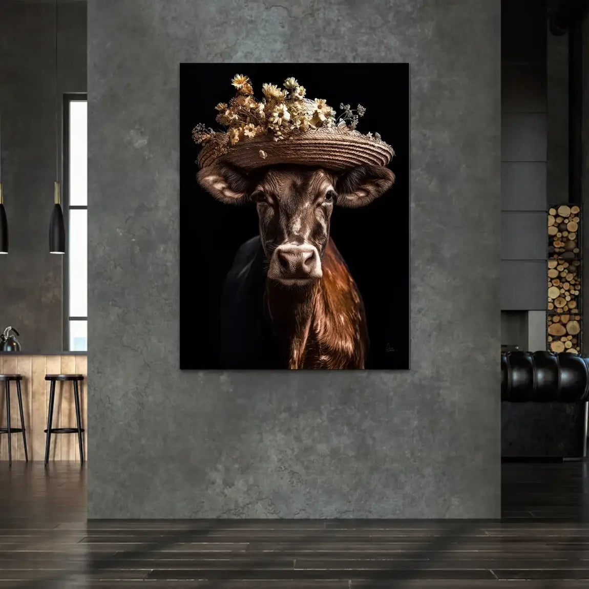Kuh mit Strohhut Alu Dibond Bild