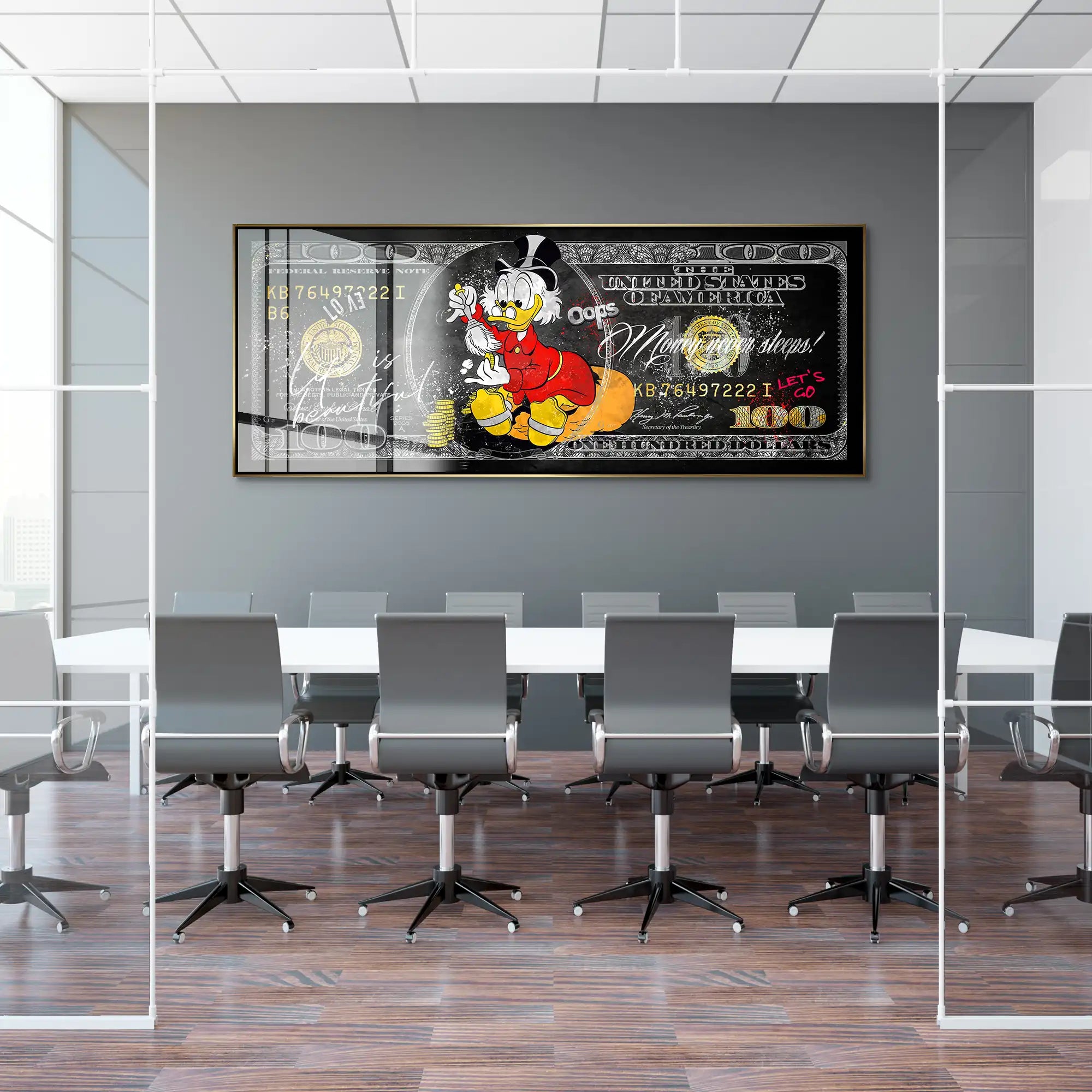 Dagobert Money Never Sleeps Dollar Dark Acrylglas Bild INGALERIE