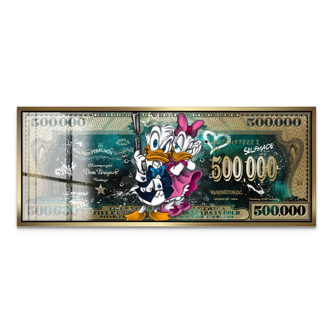 Donald & Daisy Duck Green Gold Pop Art Dollar Acrylglas Bild INGALERIE
