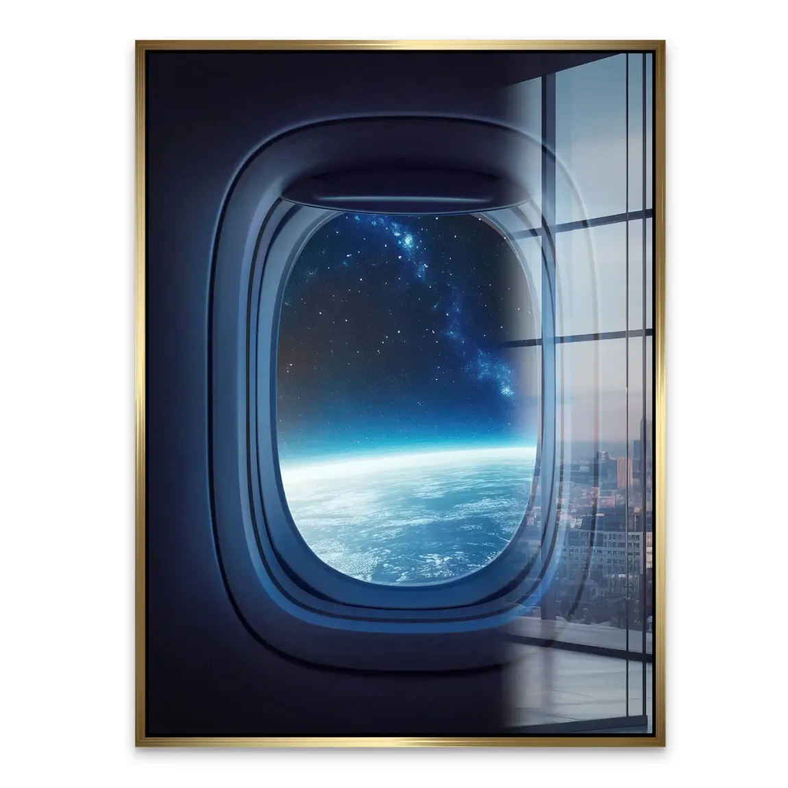 Flugzeugfenster Galaxie Acrylglasbild