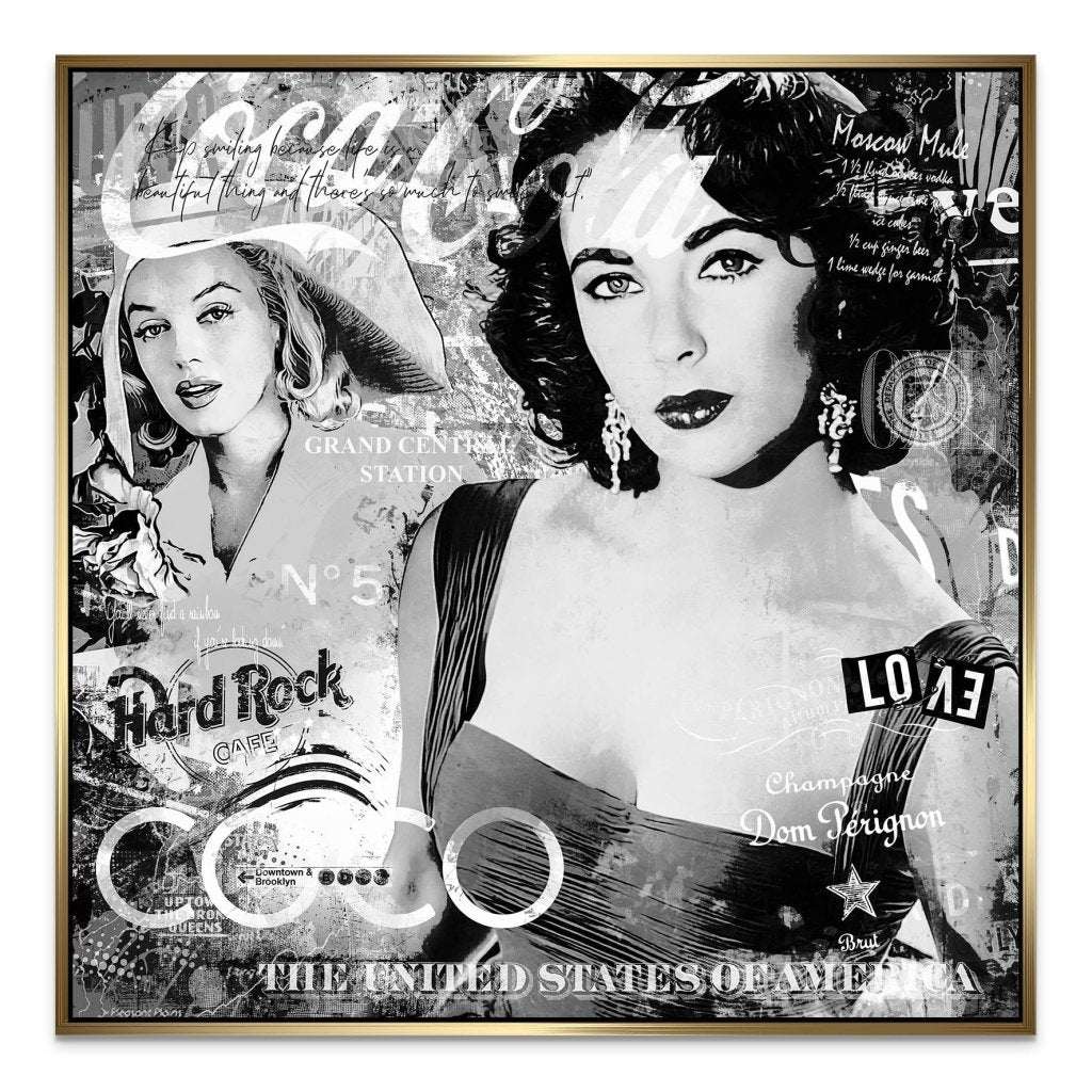 Marilyn & Liz Black Pop Art Style AluDibond Bild INGALERIE