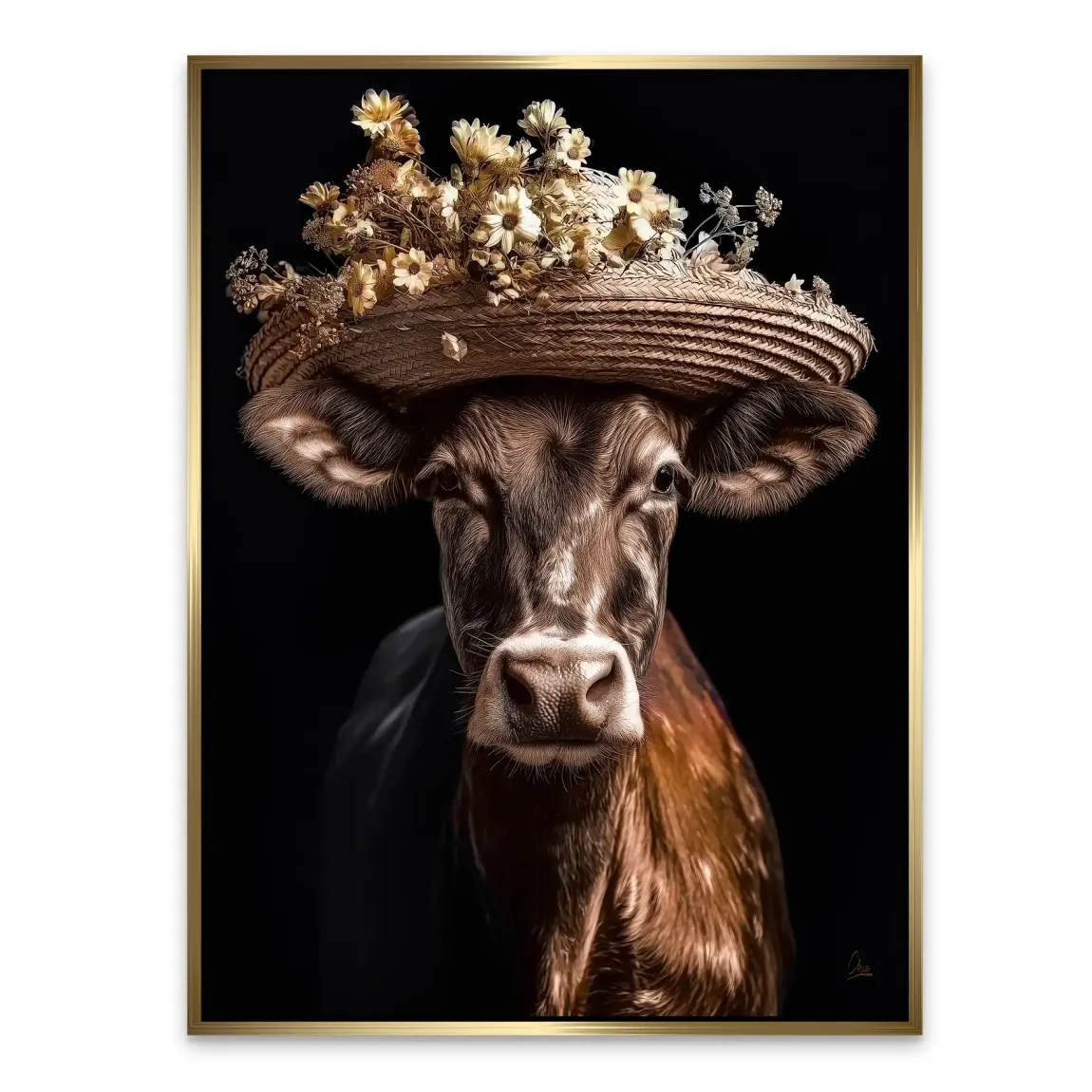 Kuh mit Strohhut Alu Dibond Bild