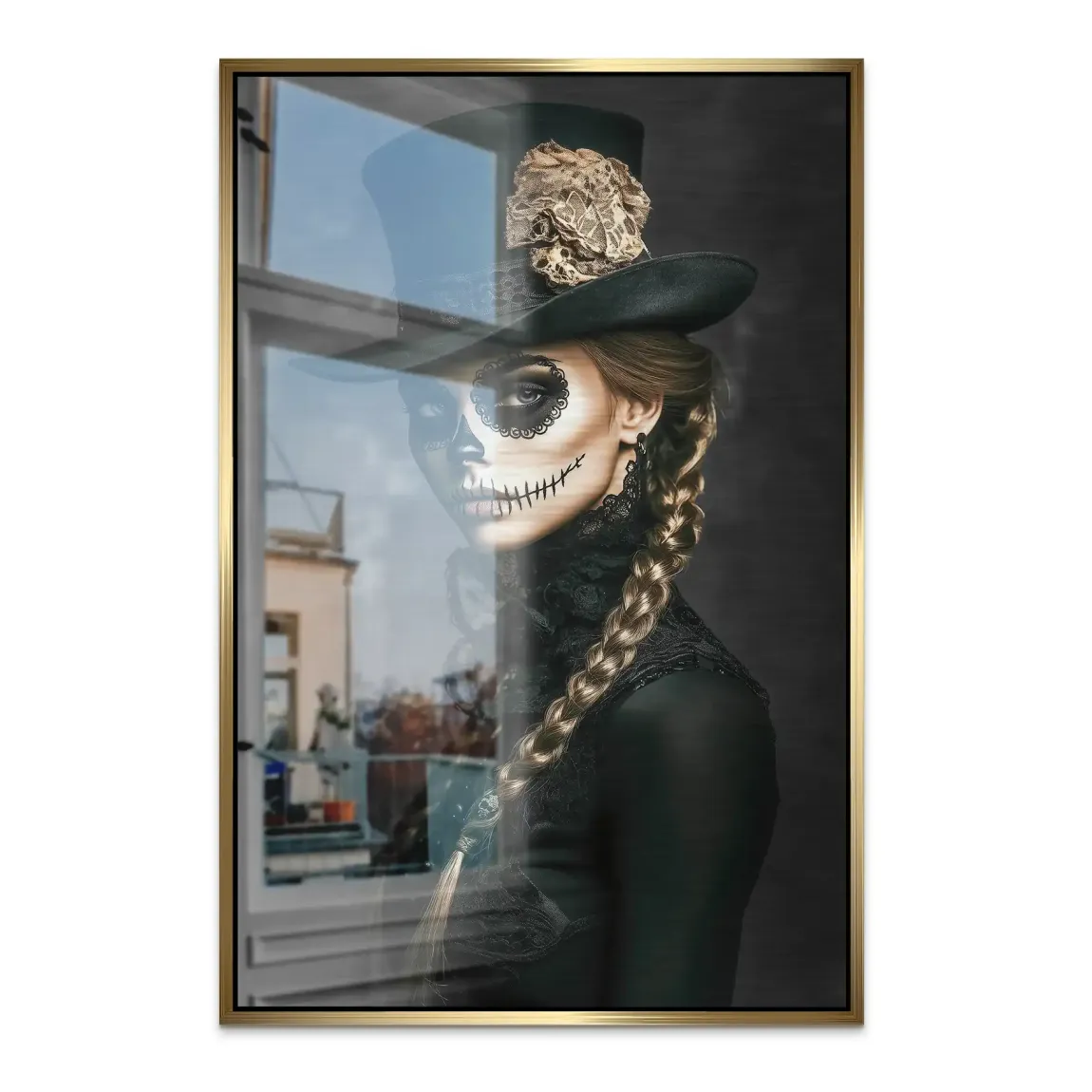 Geheimnisvolle Schönheit im Catrina Look Alu Dibond Bild gebürstet INGALERIE