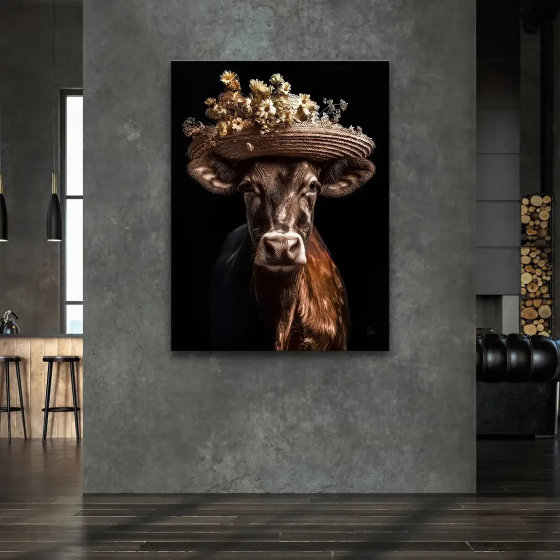 Kuh mit Strohhut Leinwand Bild