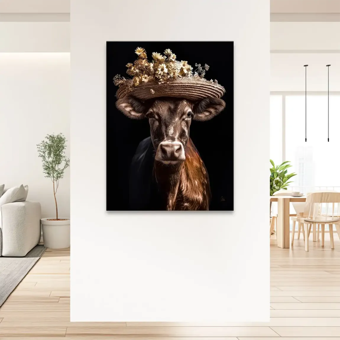 Kuh mit Strohhut Leinwand Bild