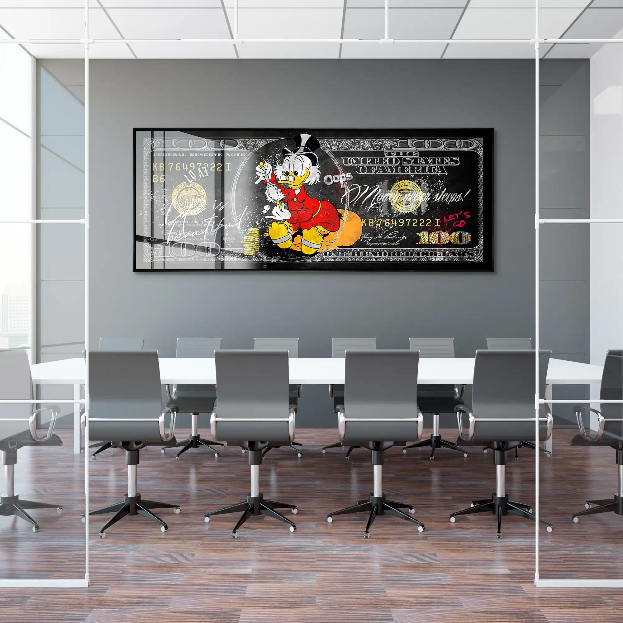 Dagobert Money Never Sleeps Dollar Dark Acrylglas Bild INGALERIE