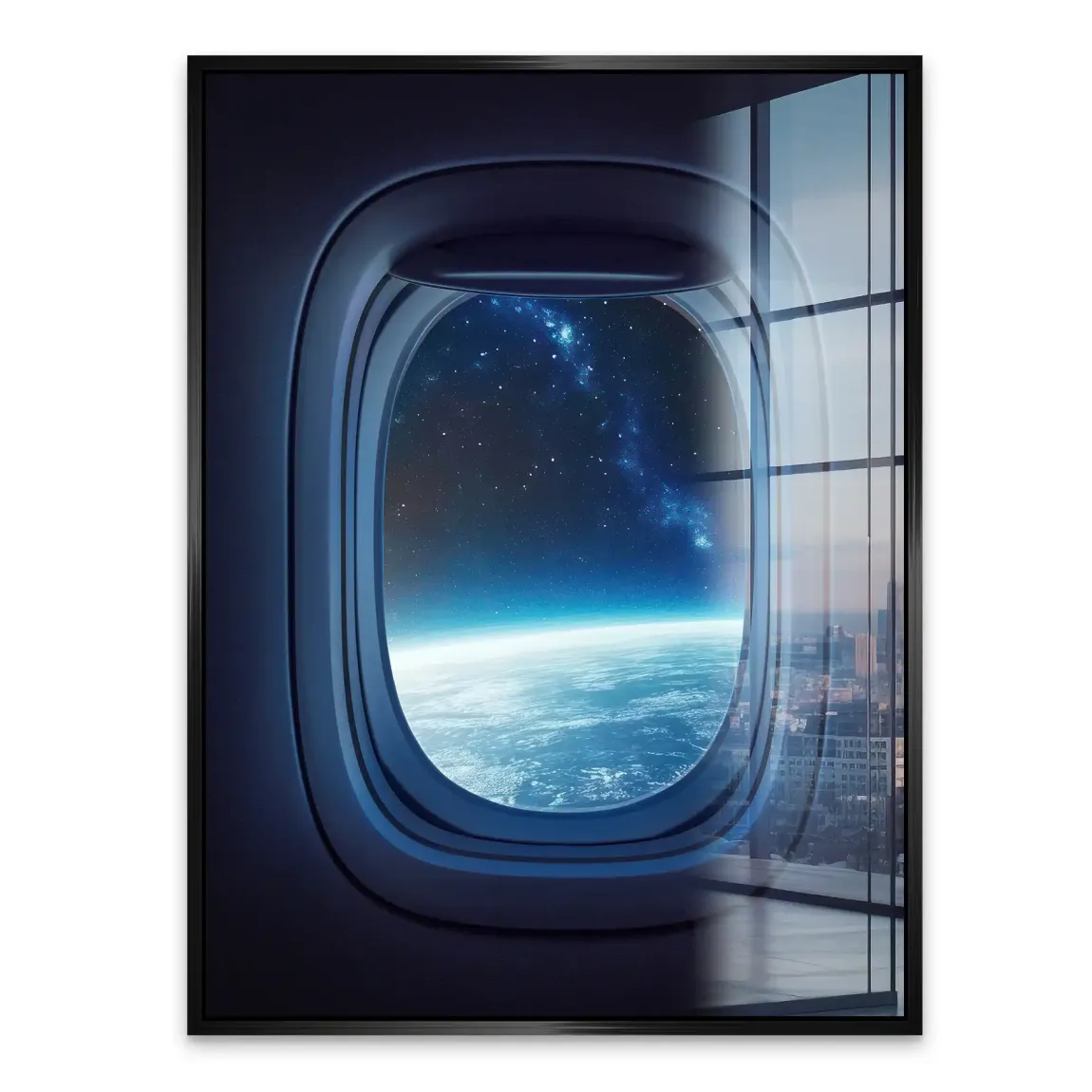 Flugzeugfenster Galaxie Acrylglasbild