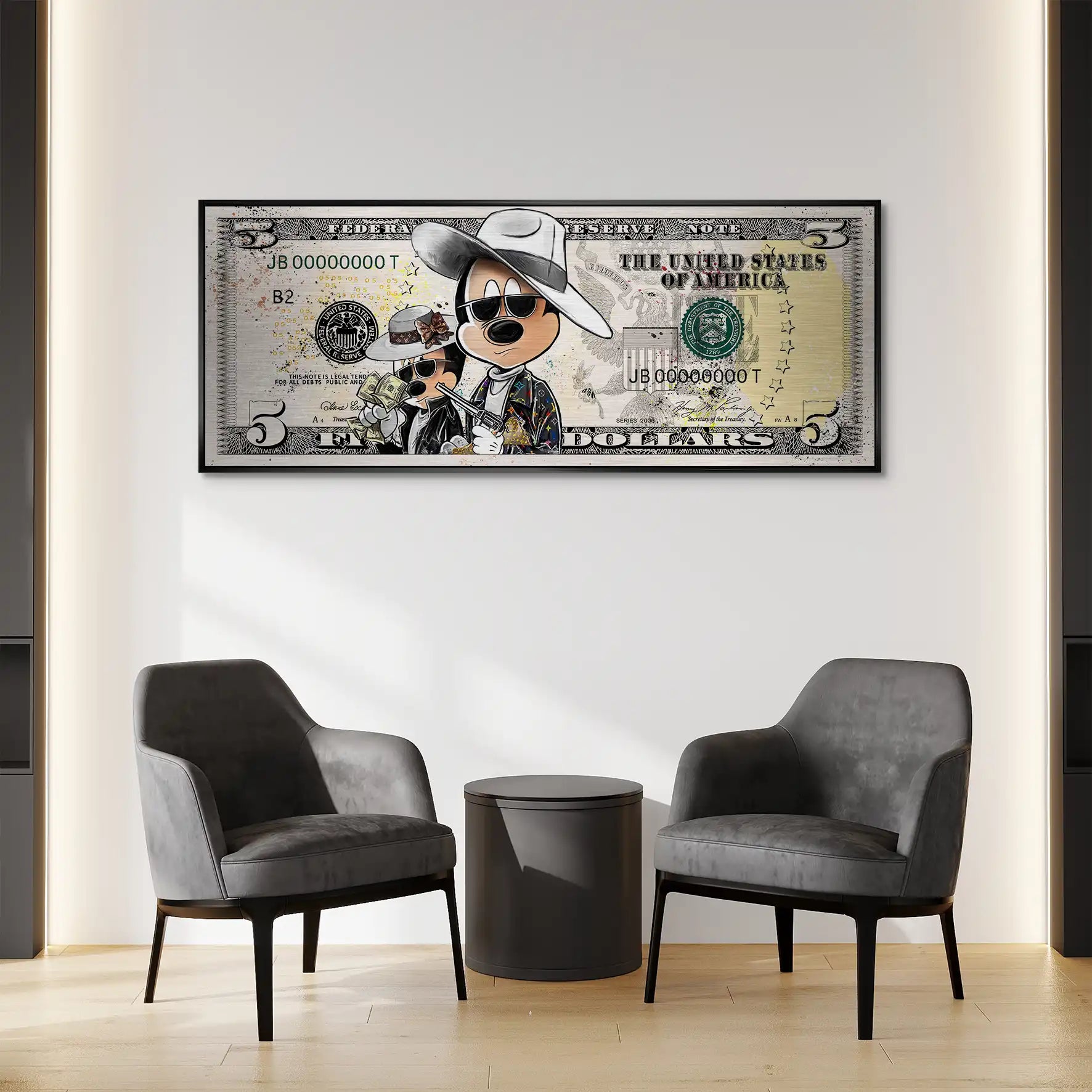 Micky und Minnie Maus Dollar Pop Art Alu Gebürstet Bild INGALERIE