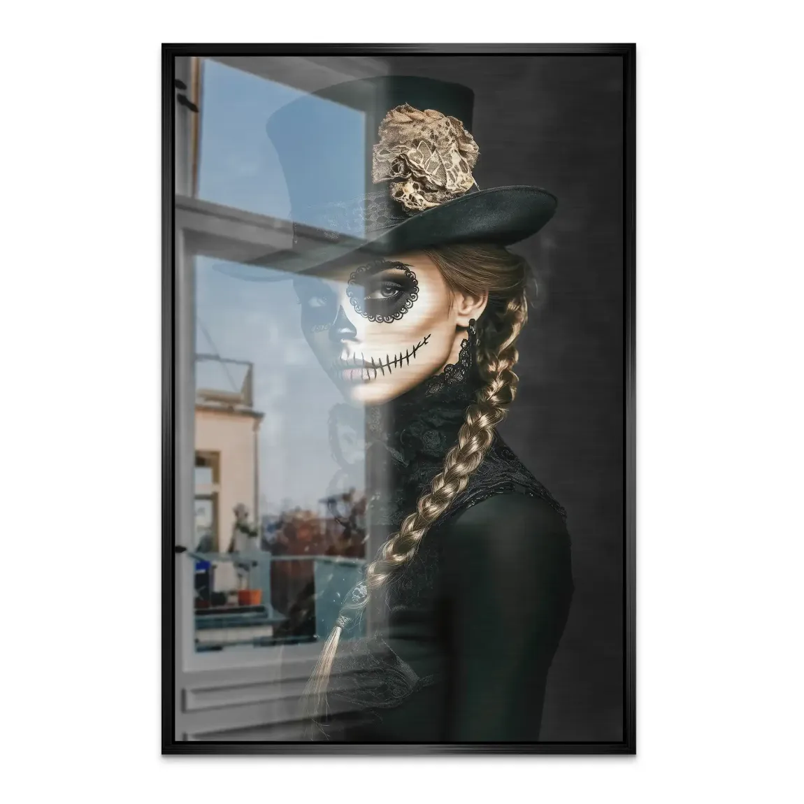 Geheimnisvolle Schönheit im Catrina Look Alu Dibond Bild gebürstet INGALERIE