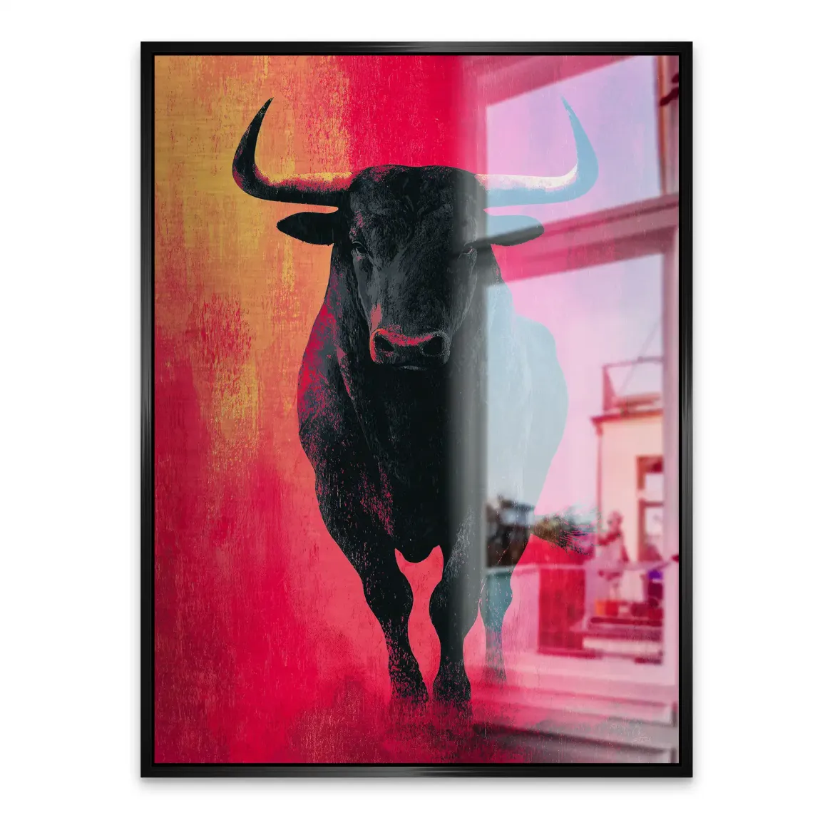 Stier in Rot Aluminiumbild gebürstet