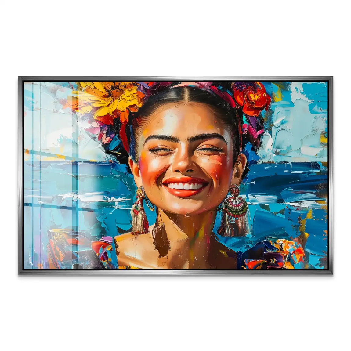 Frida lacht in Farbenpracht Acrylglas Bild INGALERIE