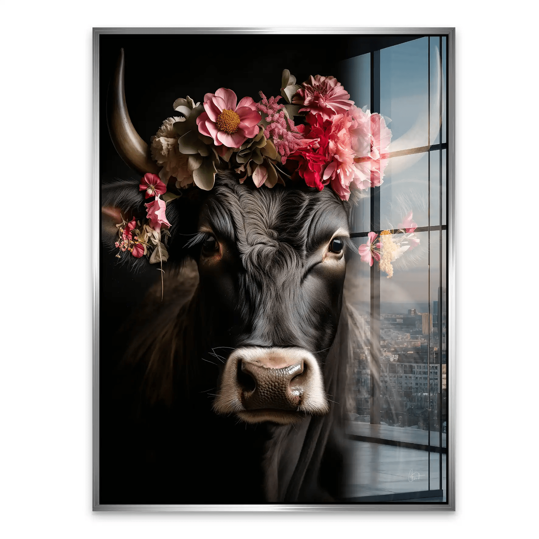 Kuh Mit Blumen Acrylglas Bild INGALERIE