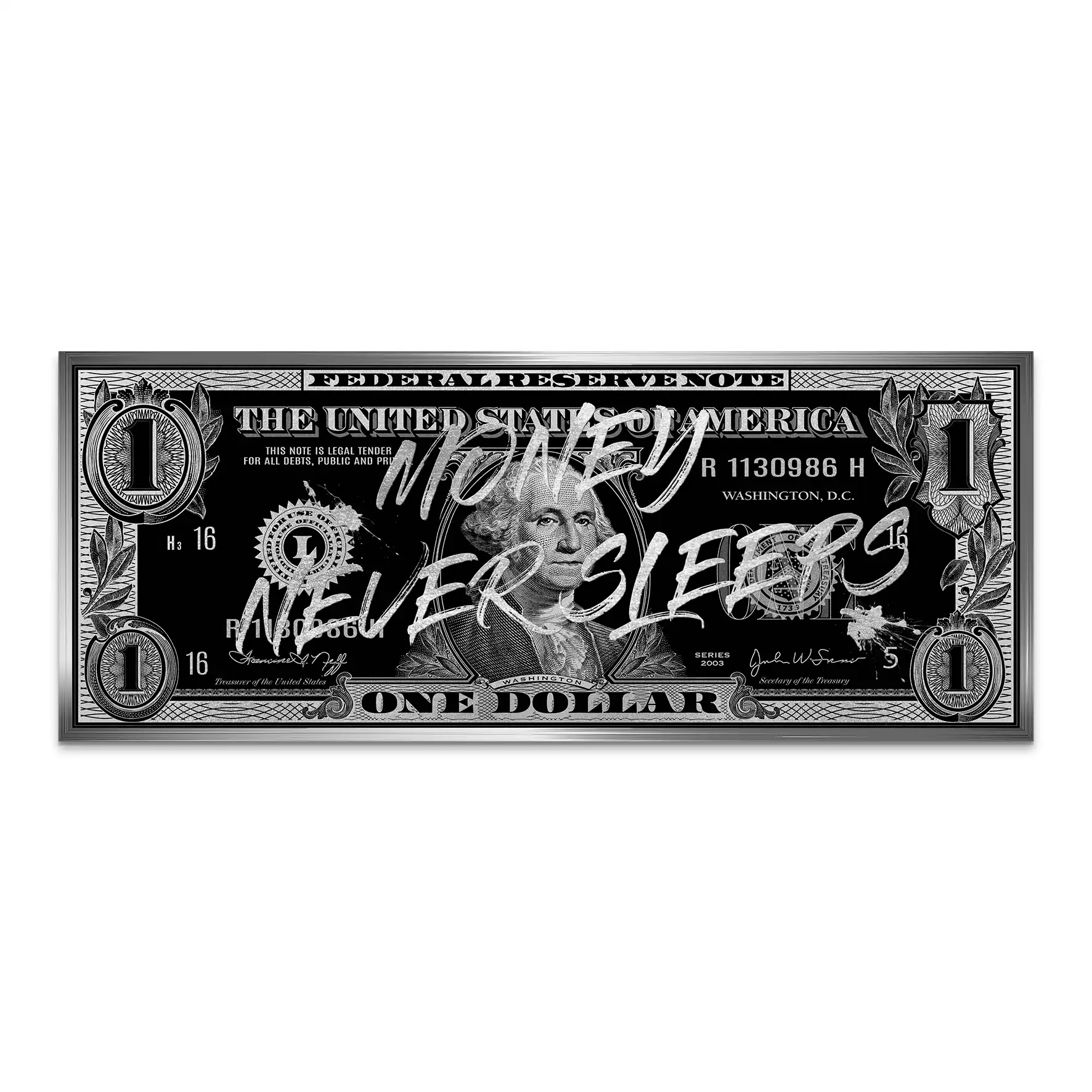 Monney Never Sleeps Dollar Silver AluDibond Bild INGALERIE