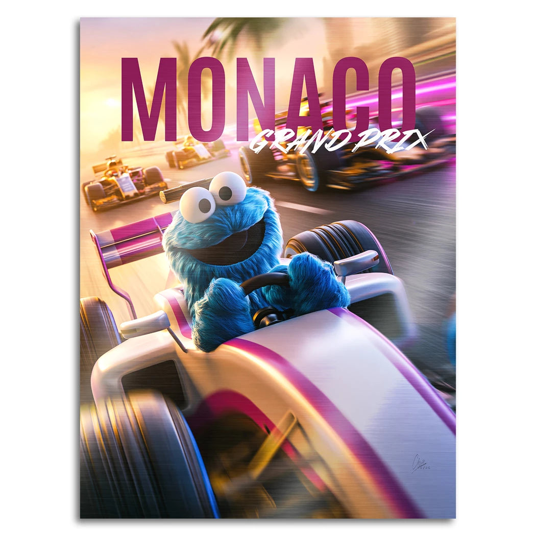 Krümelmonster Grand Prix Aluminiumbild gebürstet