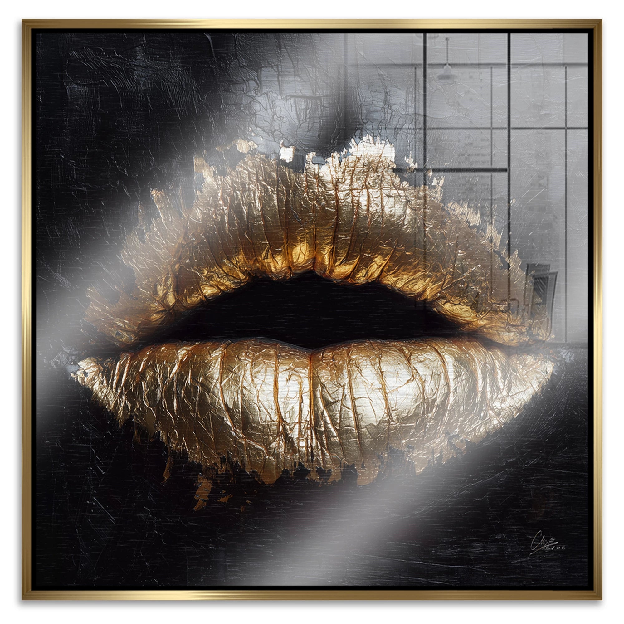 Goldene Lippen Aluminiumbild gebürstet
