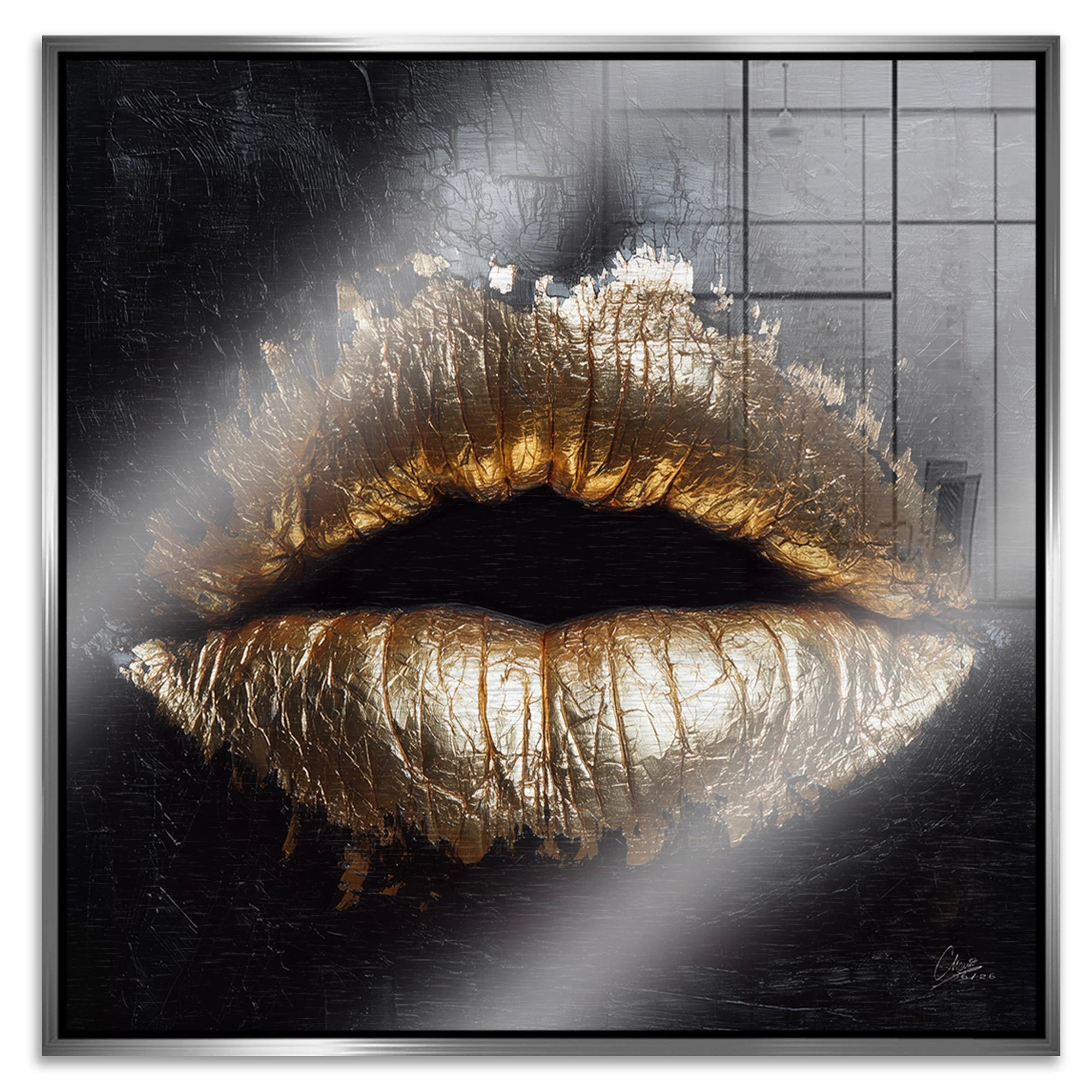 Goldene Lippen Aluminiumbild gebürstet