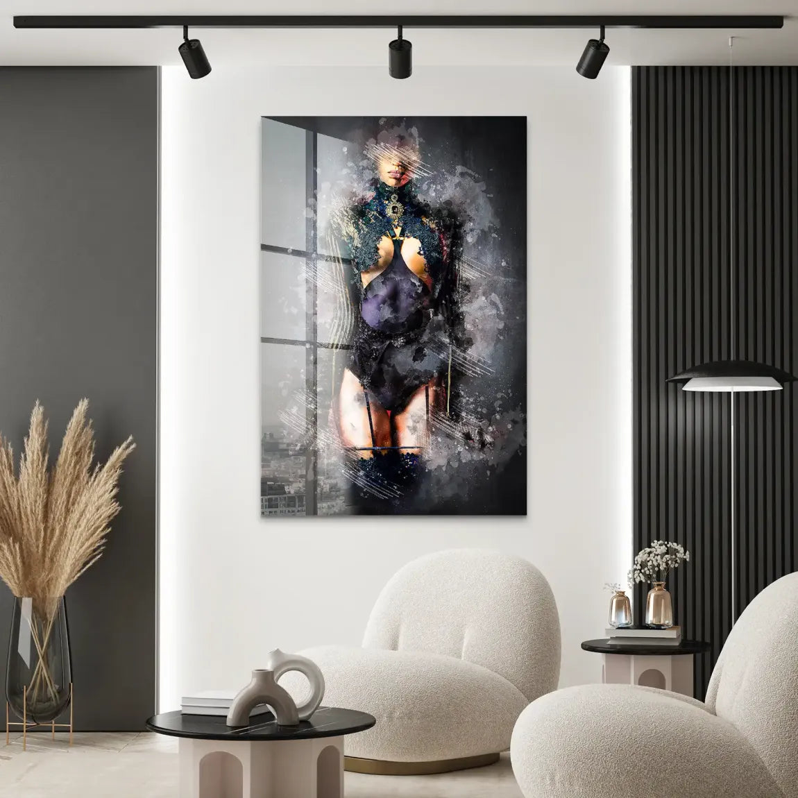 Stille Rebellion in schwarzer Spitze Acrylglas Bild INGALERIE