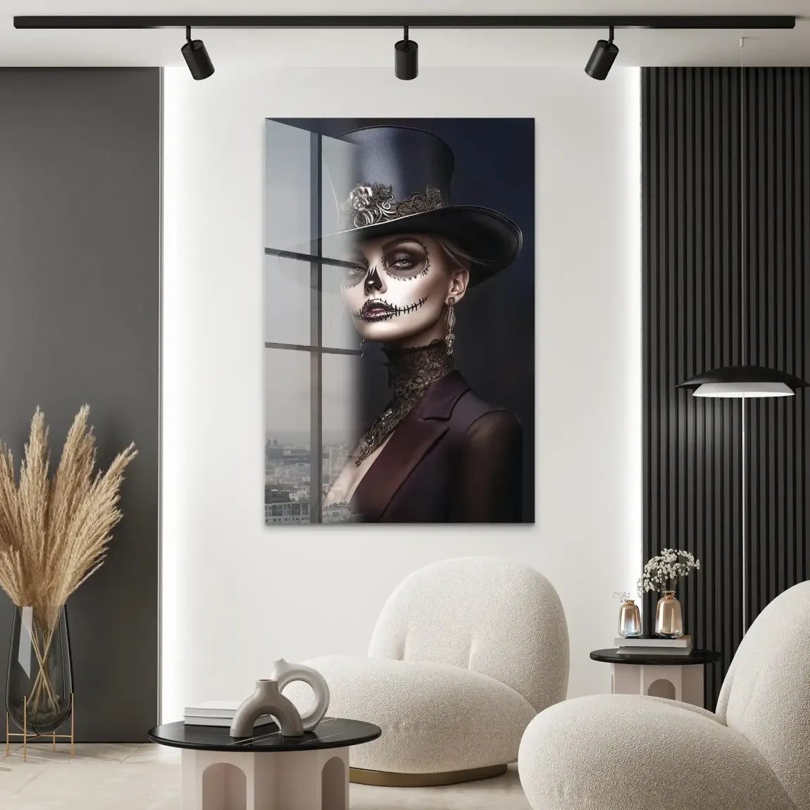 Elegante Lady mit Totenkopf-Make-up Acrylglas Bild INGALERIE