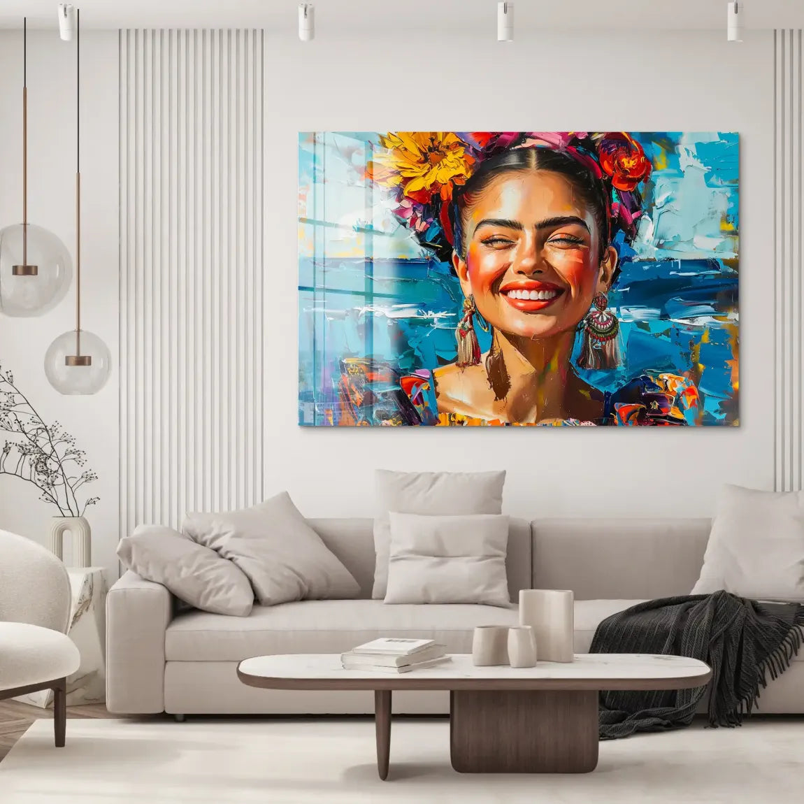 Frida lacht in Farbenpracht Acrylglas Bild INGALERIE
