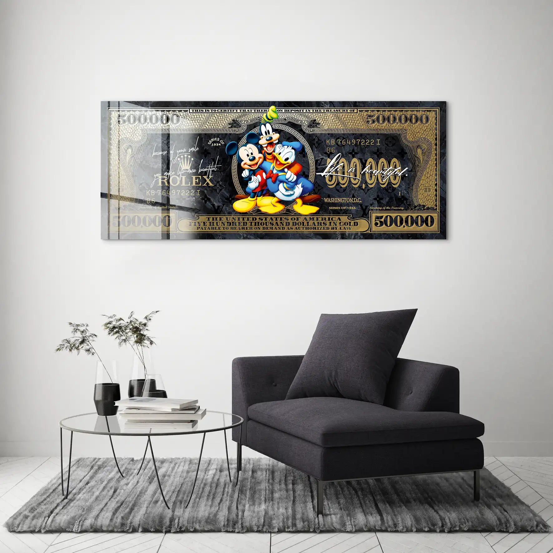 Micky Goofy Donald Gold Dollar Acrylglas Bild INGALERIE