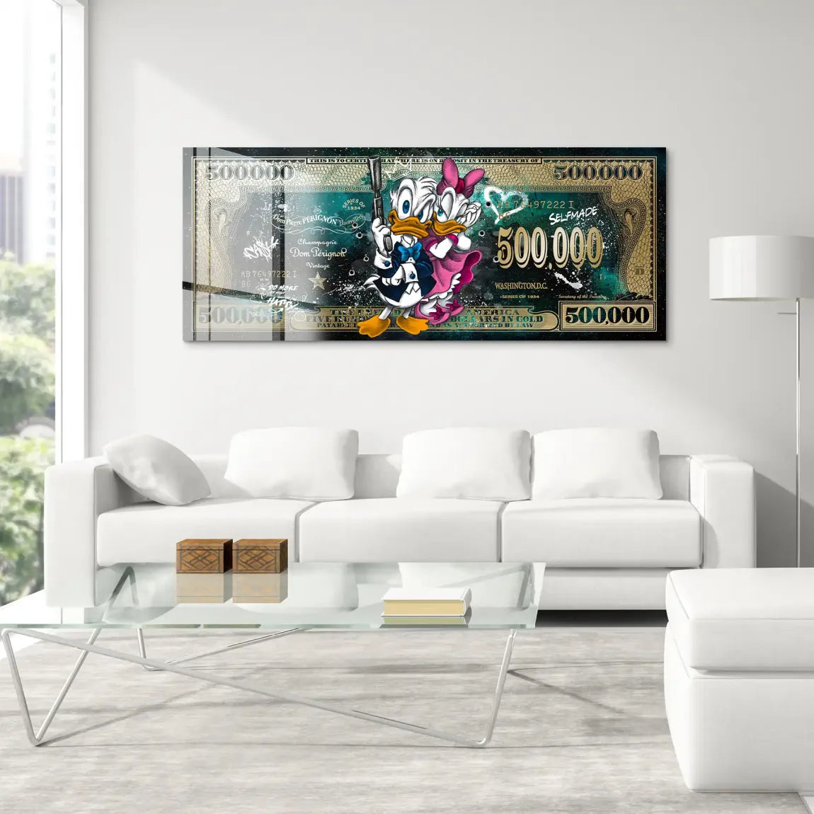 Donald & Daisy Duck Green Gold Pop Art Dollar Acrylglas Bild INGALERIE